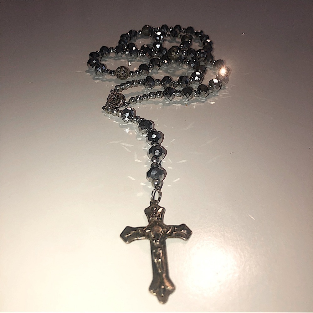 𝅺metallic Silver Crystal Rosary Beads Necklace LONG 30” + 6” Drop / 36” Total